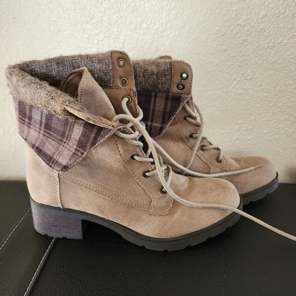 Brash Taupe Suede Lace-Up Ankle Boots with Plaid Cuff